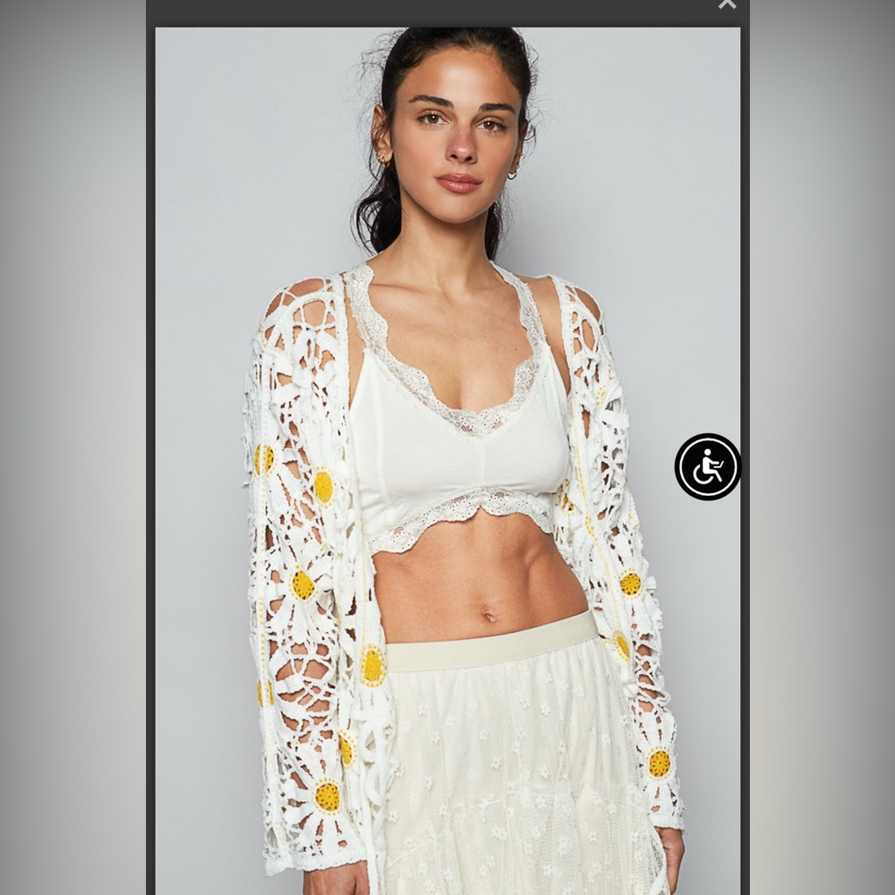 White Crochet Cardigan with Yellow Daisy Accents - Picture 4 of 5